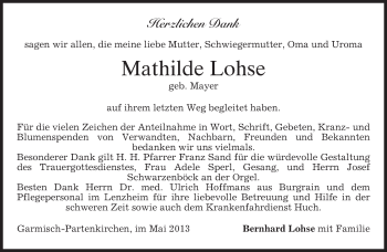 Traueranzeige von Mathilde Lohse von Münchener Merkur
